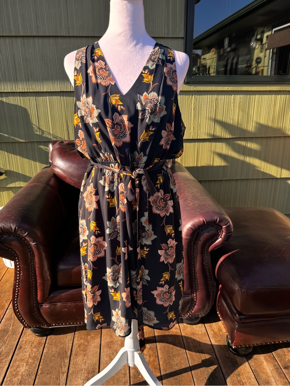 DR2 Black Midi Dress with Orange & Green Floral and Yellow Accents